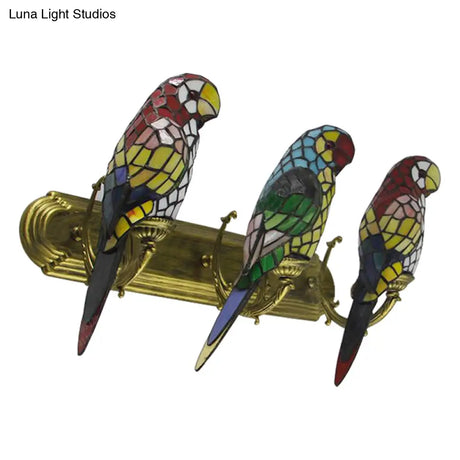 Rustic Lodge Stained Glass Parrot Wall Sconce - 3-Light Lighting For Living Room