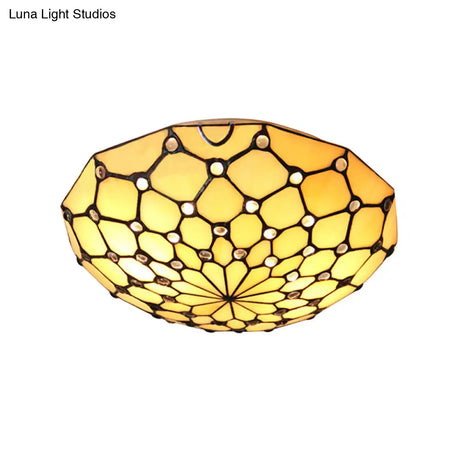 Rustic Loft Stained Glass Bowl Flush Light 2 Bulbs Beige Ceiling For Bedroom