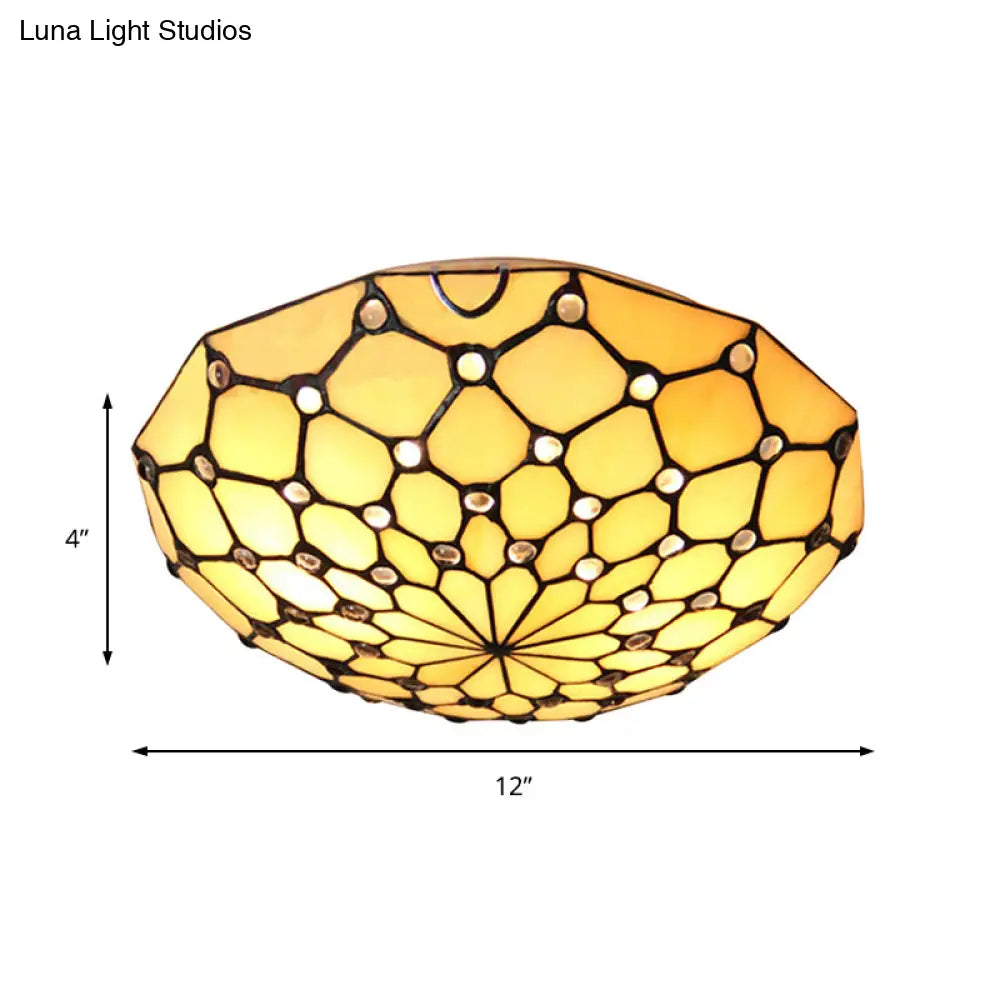 Rustic Loft Stained Glass Bowl Flush Light 2 Bulbs Beige Ceiling For Bedroom