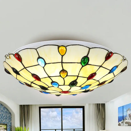Rustic Loft Stained Glass Flush Mount Light In Beige/Yellow - 12’/16’/19.5’ Diameter Bedroom