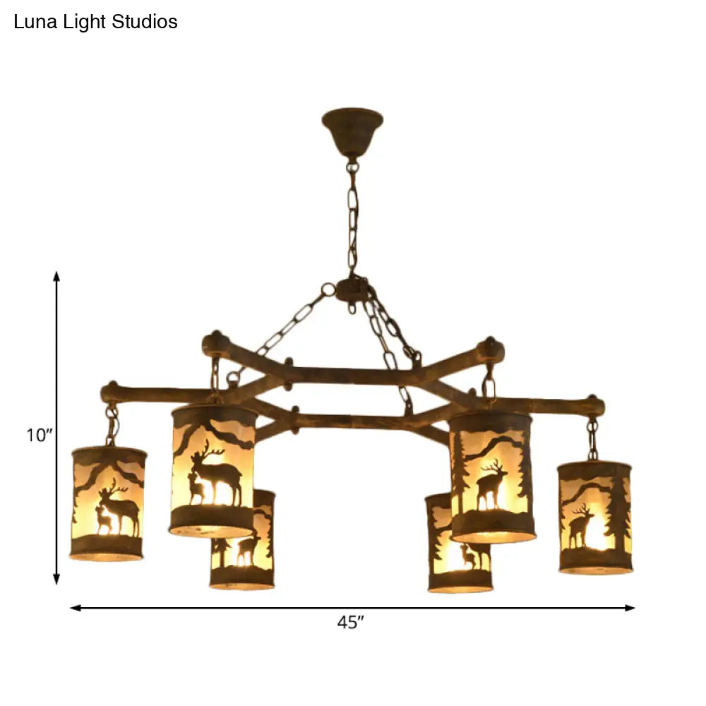 Rustic Metal And Fabric Chandelier Light With 3/6/9 Cylinder Lights Brown Pendant Lighting For