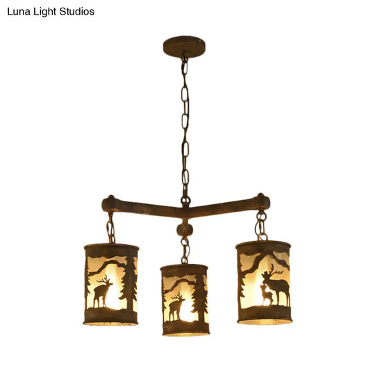 Rustic Metal And Fabric Chandelier Light With 3/6/9 Cylinder Lights Brown Pendant Lighting For