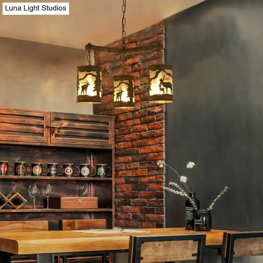 Rustic Metal And Fabric Chandelier Light With 3/6/9 Cylinder Lights Brown Pendant Lighting For