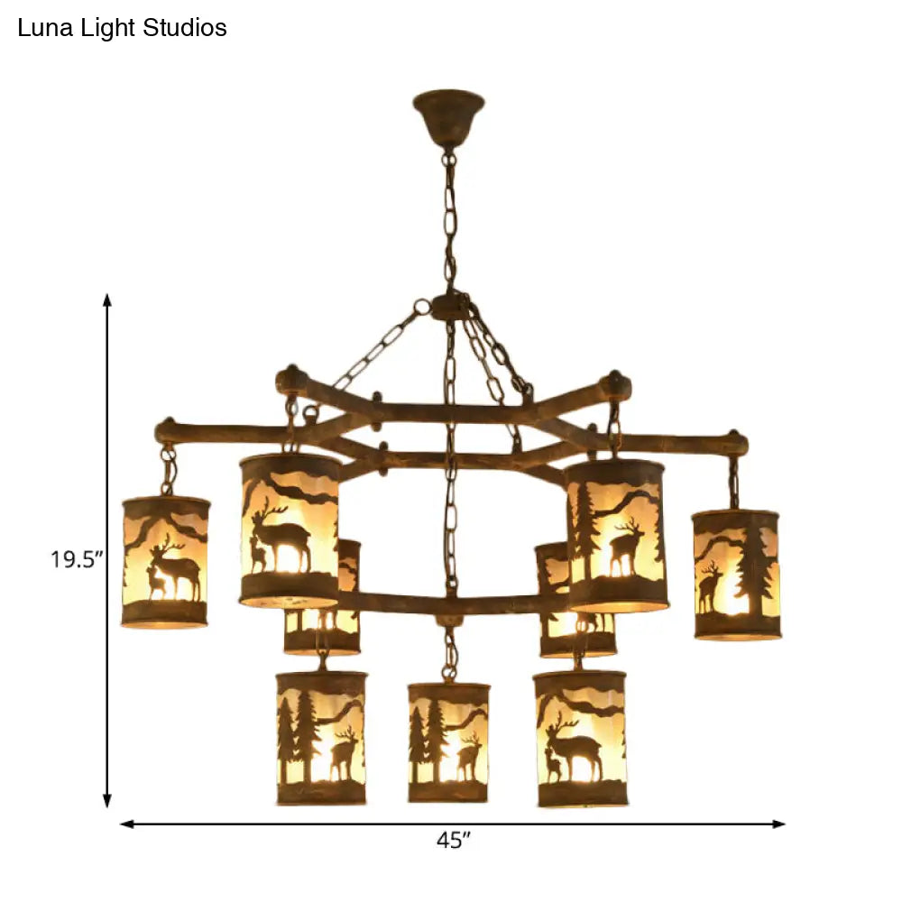 Rustic Metal And Fabric Chandelier Light With 3/6/9 Cylinder Lights Brown Pendant Lighting For