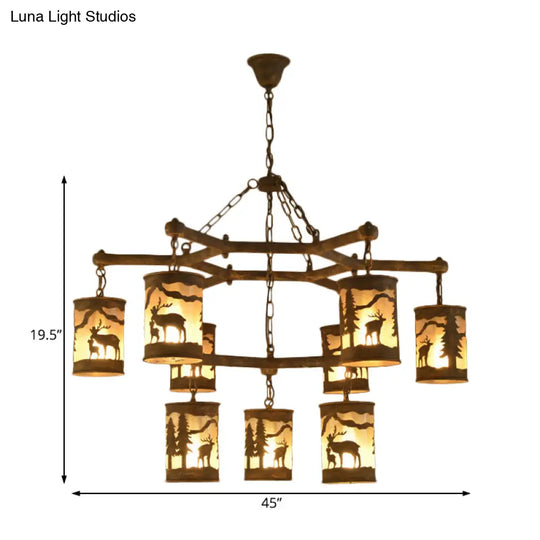 Rustic Metal And Fabric Chandelier Light With 3/6/9 Cylinder Lights Brown Pendant Lighting For