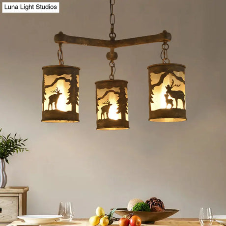 Rustic Metal And Fabric Chandelier Light With 3/6/9 Cylinder Lights Brown Pendant Lighting For