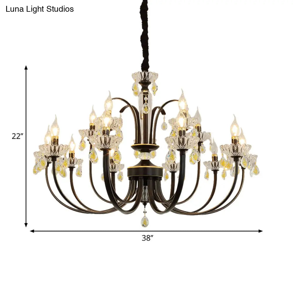 Rustic Metal Black Candle Chandelier: Elegant 12/15-Light Living Room Hanging Lamp With Crystal