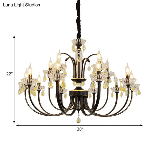 Rustic Metal Black Candle Chandelier: Elegant 12/15-Light Living Room Hanging Lamp With Crystal