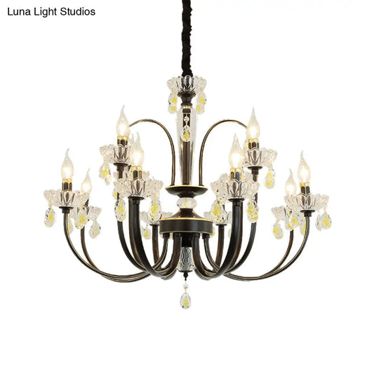 Rustic Metal Black Candle Chandelier: Elegant 12/15-Light Living Room Hanging Lamp With Crystal