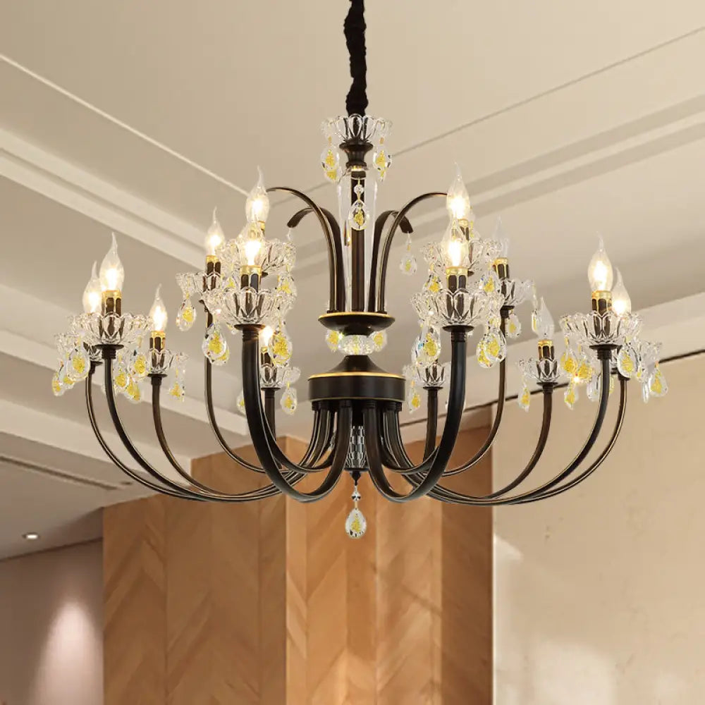 Rustic Metal Black Candle Chandelier: Elegant 12/15-Light Living Room Hanging Lamp With Crystal