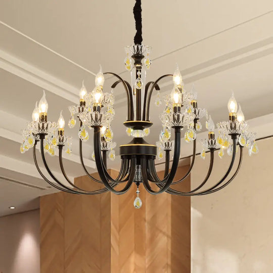 Rustic Metal Black Candle Chandelier: Elegant 12/15-Light Living Room Hanging Lamp With Crystal