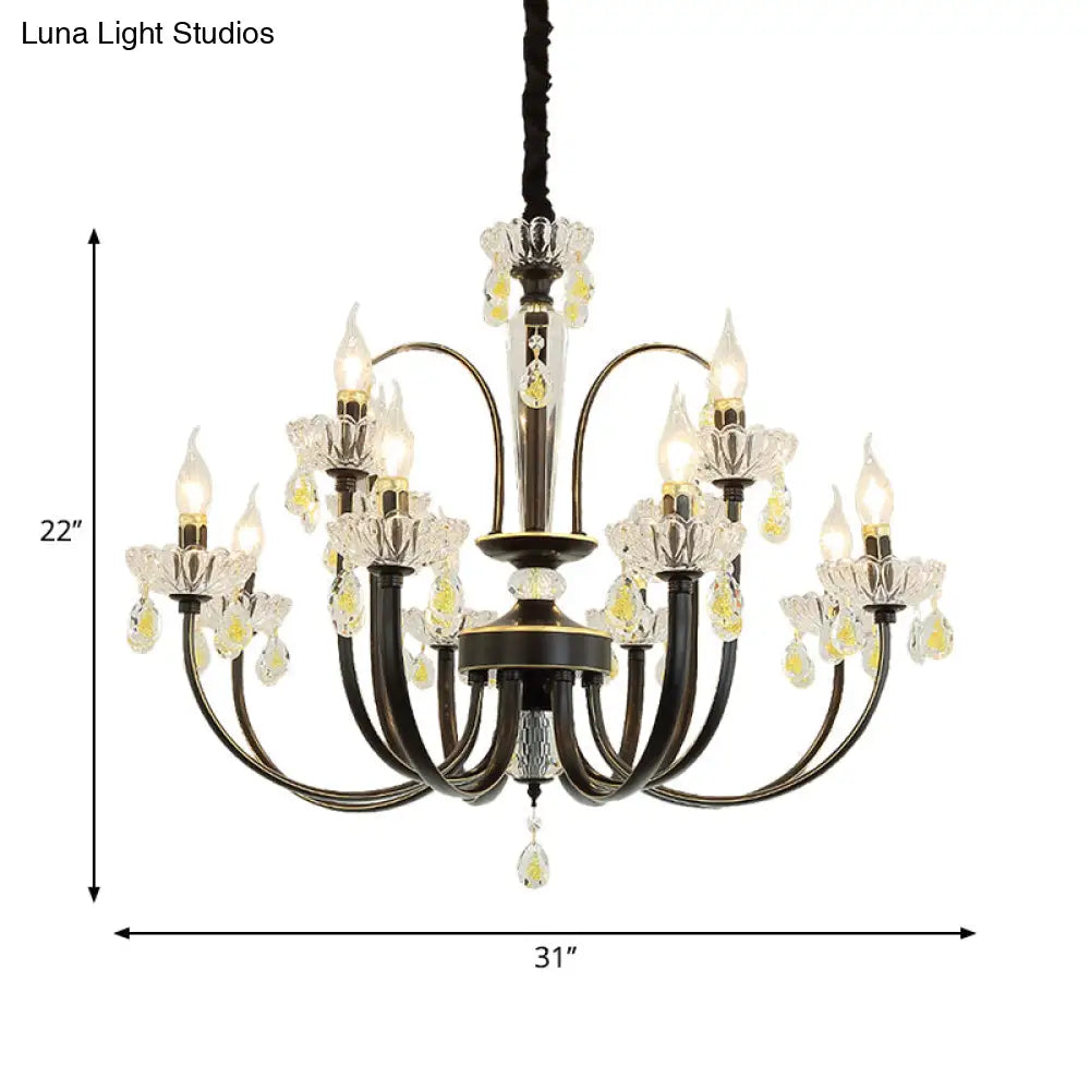 Rustic Metal Black Candle Chandelier: Elegant 12/15-Light Living Room Hanging Lamp With Crystal