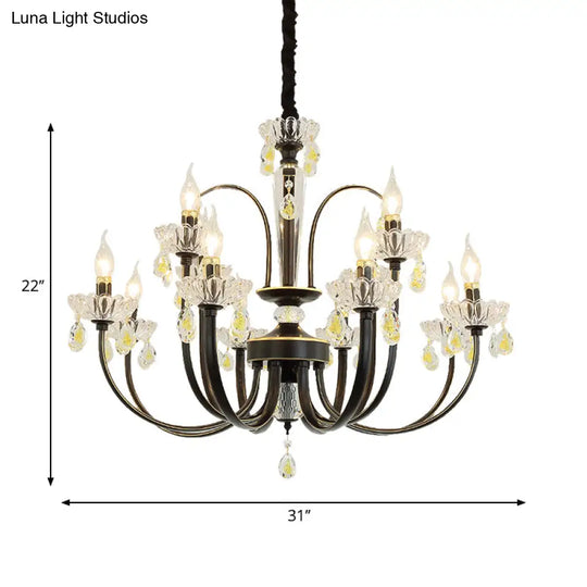 Rustic Metal Black Candle Chandelier: Elegant 12/15-Light Living Room Hanging Lamp With Crystal