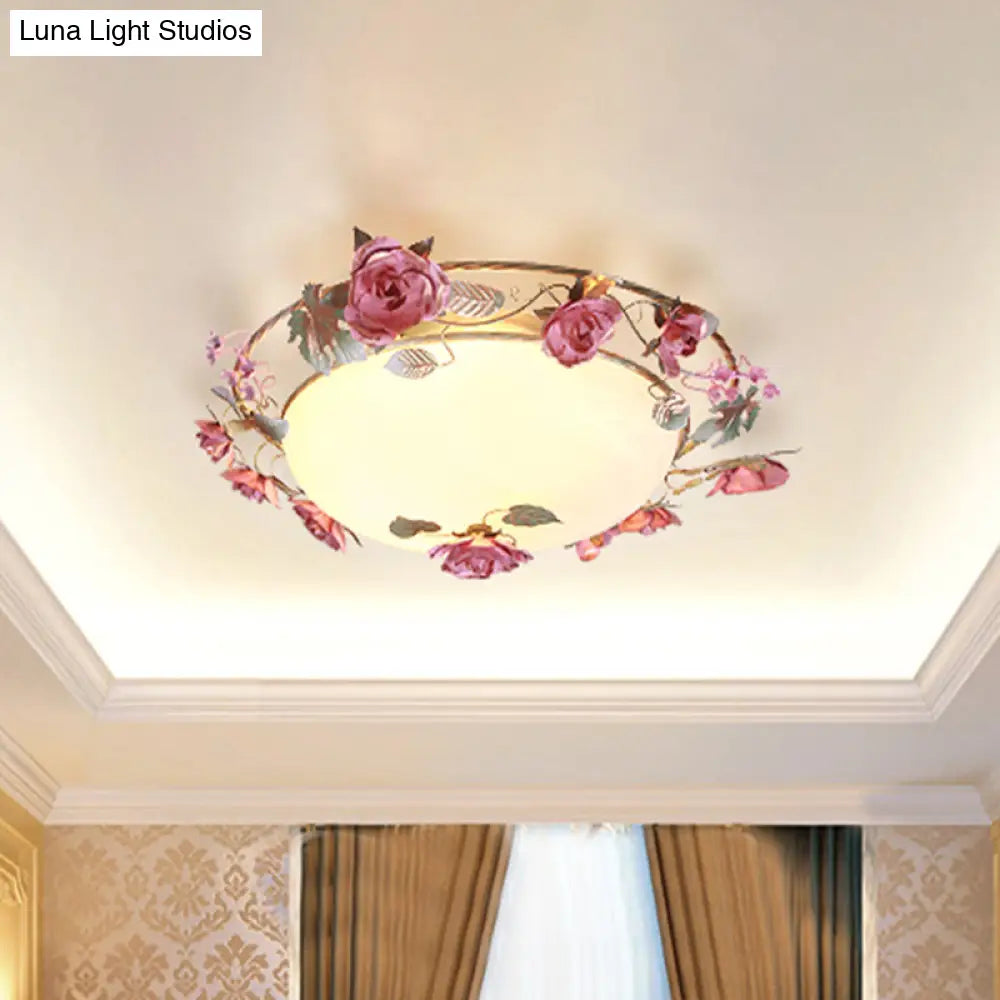 Rustic Metal Bowl Ceiling Lamp With Flower Decor - Flush Mount Light Fixture For Dining Room White