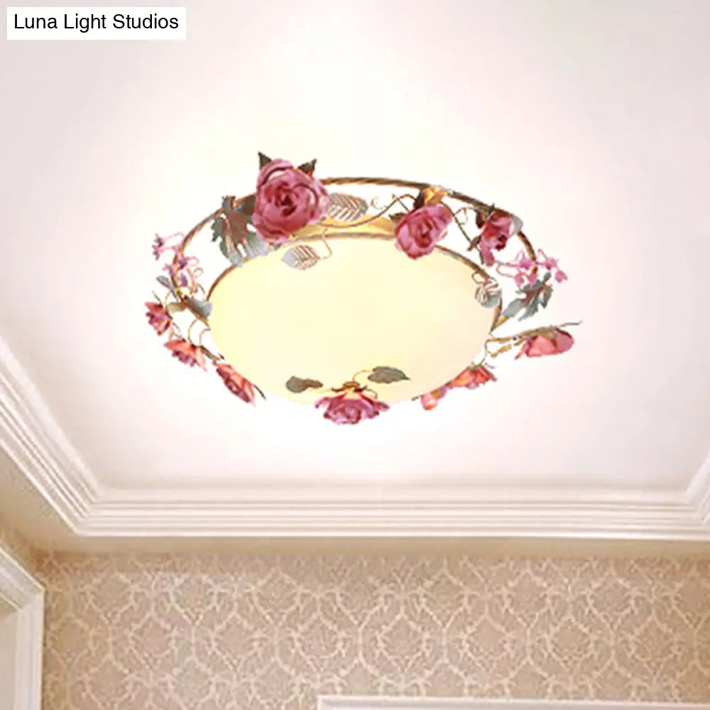 Rustic Metal Bowl Ceiling Lamp With Flower Decor - Flush Mount Light Fixture For Dining Room White