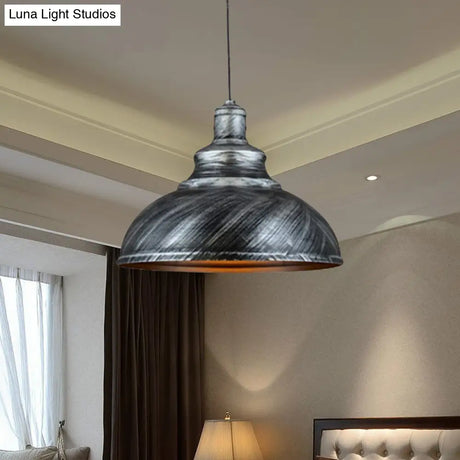 Rustic Metal Bowl Pendant Lamp - Silver/Bronze With Pulley Perfect For Restaurant Ceiling