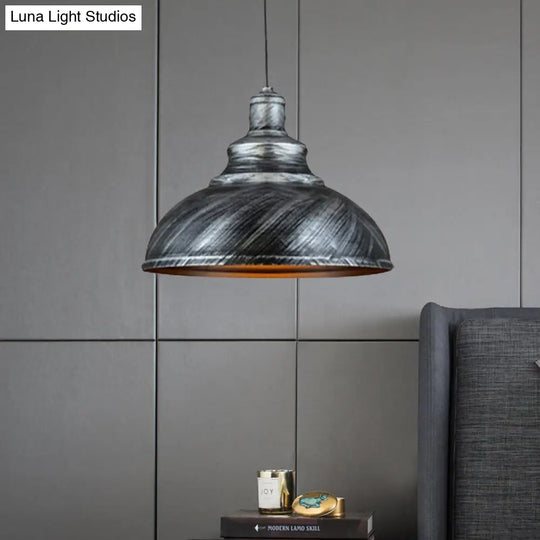 Rustic Metal Bowl Pendant Lamp With Pulley - Silver/Bronze Finish Silver