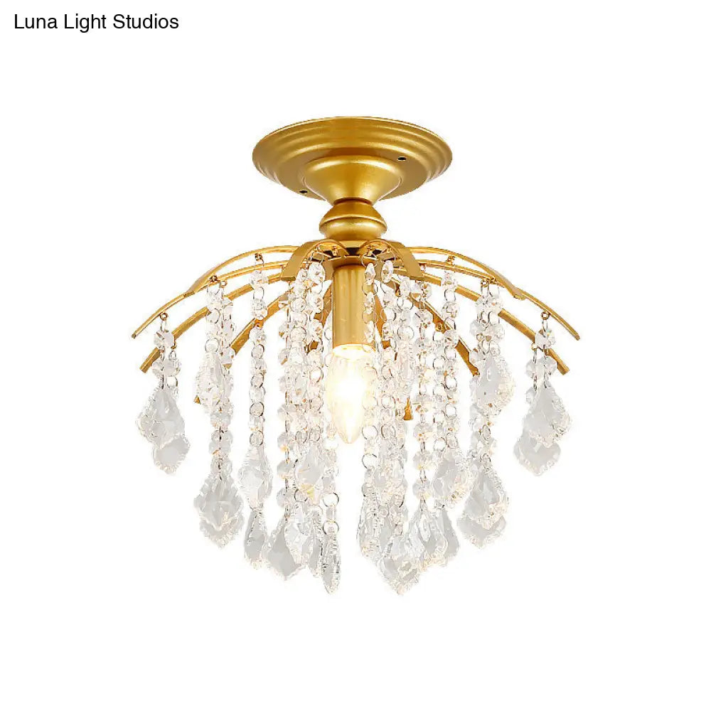 Rustic Metal Branch Semi Flush Mount Ceiling Light With Crystal Accent - 1 Head Hallway Lighting