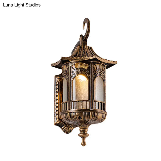 Rustic Metal Bronze Sconce Lantern With Frosted Glass Shade - 1 Head Wall Light Fixture
