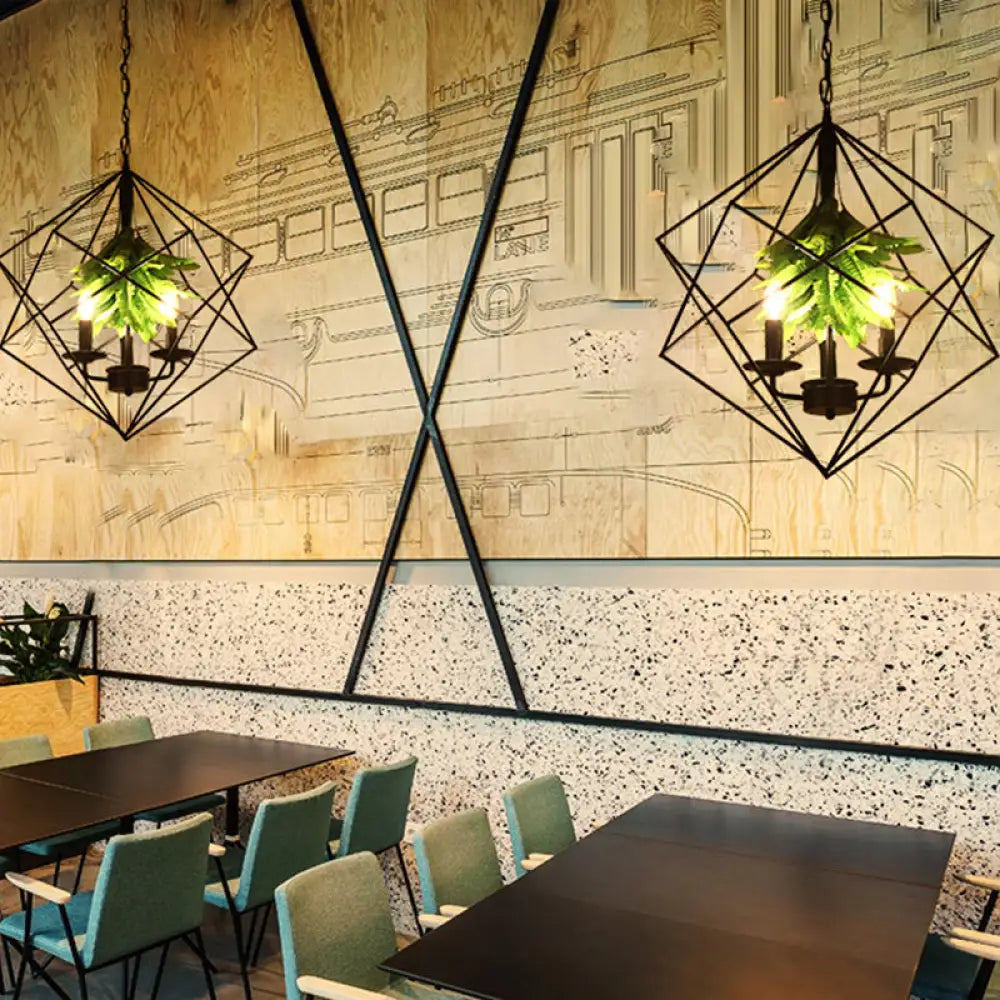 Rustic Metal Chandelier With Rhombus Cage 3 Lights Black Finish Green Leaf Deco – Perfect For