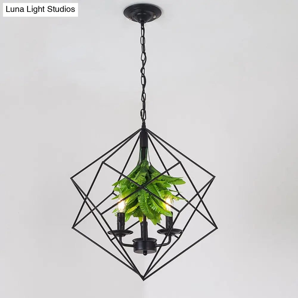 Rustic Metal Chandelier With Rhombus Cage 3 Lights Black Finish Green Leaf Deco – Perfect For