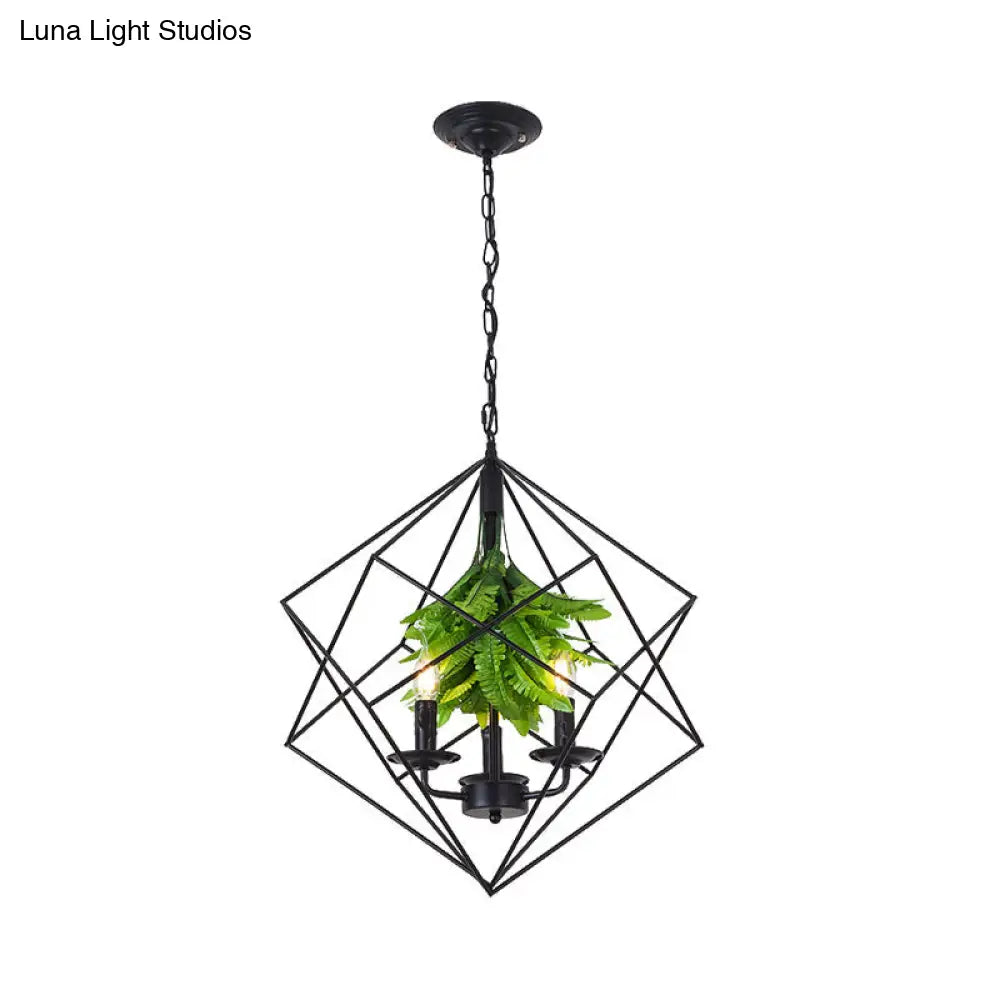 Rustic Metal Chandelier With Rhombus Cage 3 Lights Green Leaf Deco - Perfect For Restaurants
