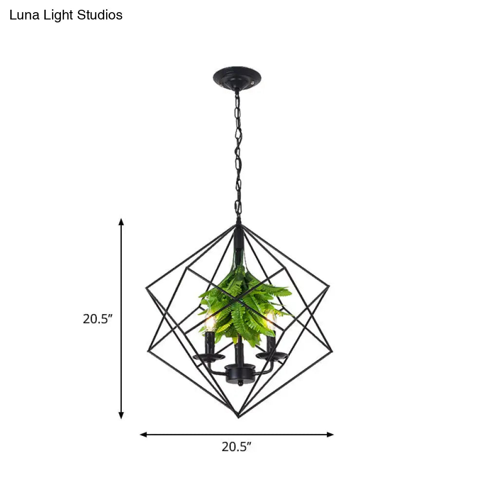 Rustic Metal Chandelier With Rhombus Cage 3 Lights Green Leaf Deco - Perfect For Restaurants