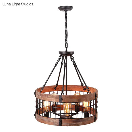 Rustic Metal Grid Cage Drum Chandelier: Brown Suspension Pendant Light For Dining Room