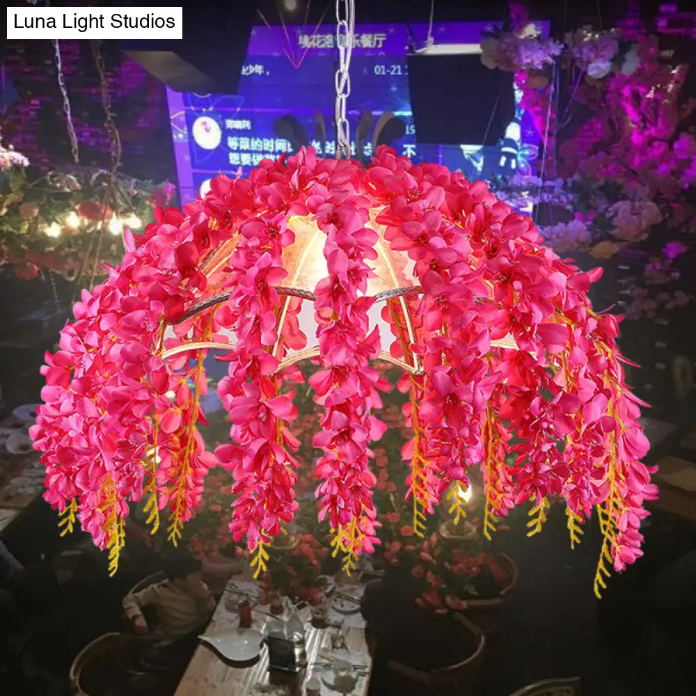 Metal Rose Red Pendant Light With Warehouse Chic Style And Fake Vine Décor