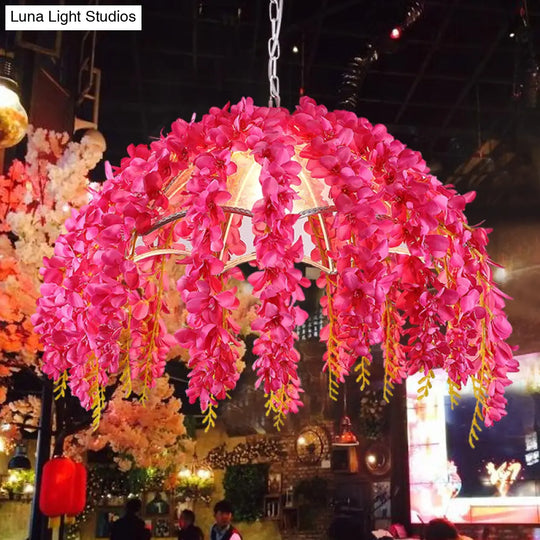 Metal Rose Red Pendant Light With Warehouse Chic Style And Fake Vine Décor