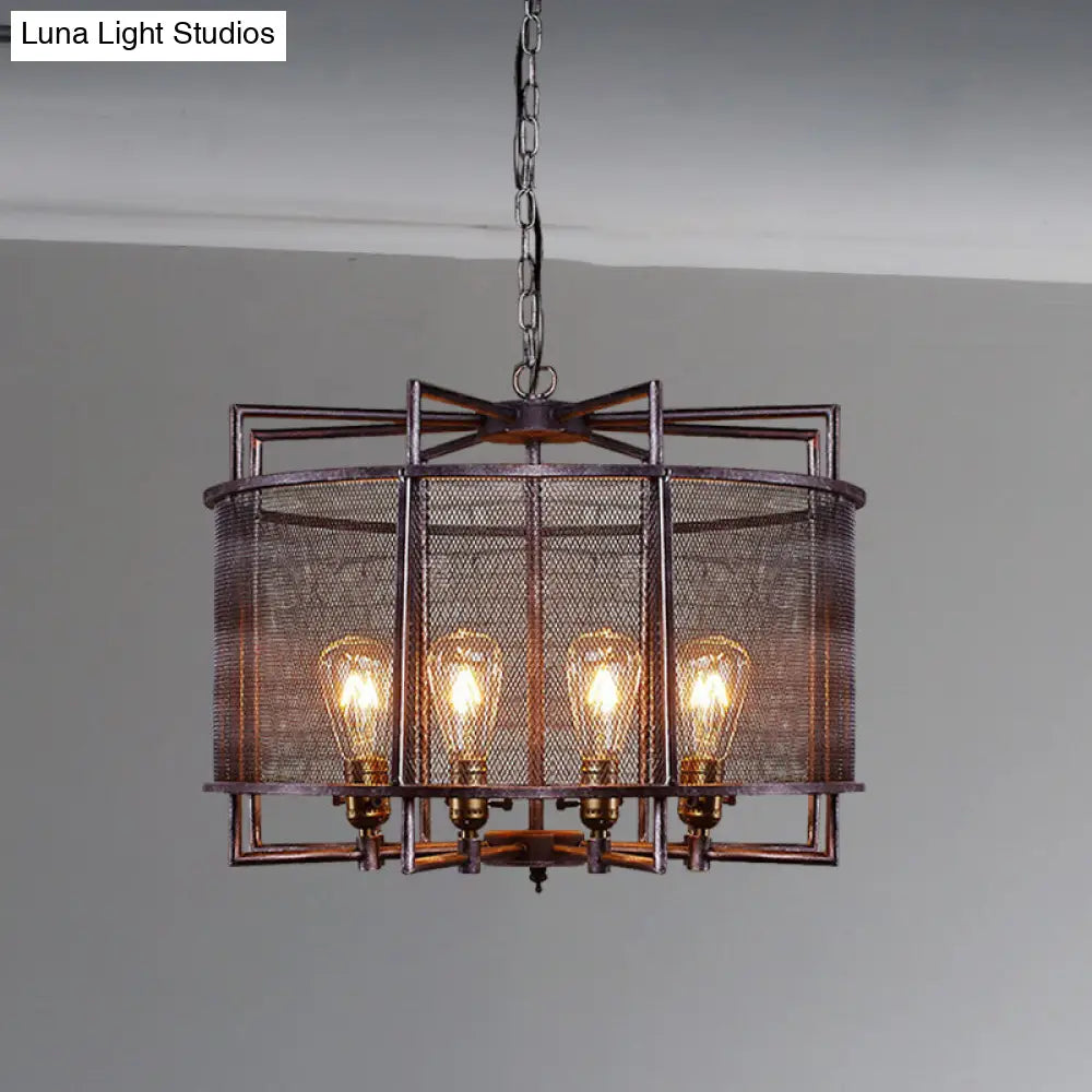 Rustic Loft Metal Mesh Drum Chandelier - Farmhouse Hanging Lamp With Multi Lighting In Rust