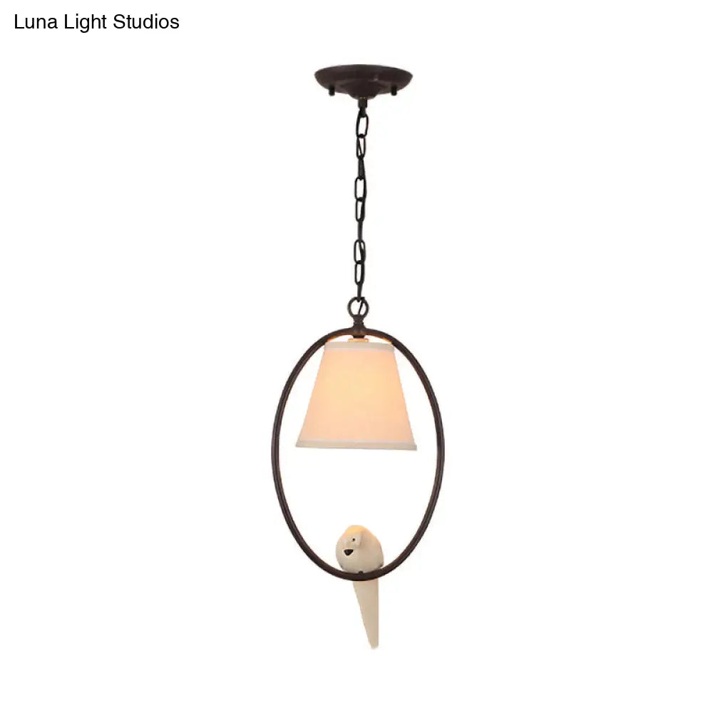 Rustic Metal Oval Hanging Light With Bird & Shade - 1 Head Pendant For Balcony In Beige