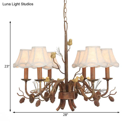 Rustic Metal Pendant Chandelier - 6-Light Scalloped Design In White With Fabric Shade And Pinecone