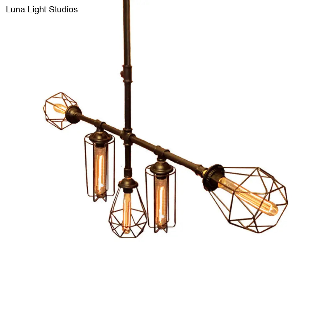 Rustic Metallic Pipe Chandelier - Black Cage Shade 5 Lights Bedroom Ceiling Fixture