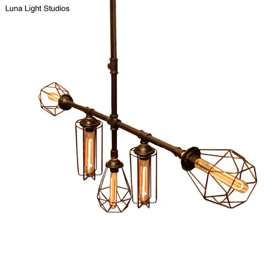 Rustic Metallic Pipe Chandelier - Black Cage Shade 5 Lights Bedroom Ceiling Fixture