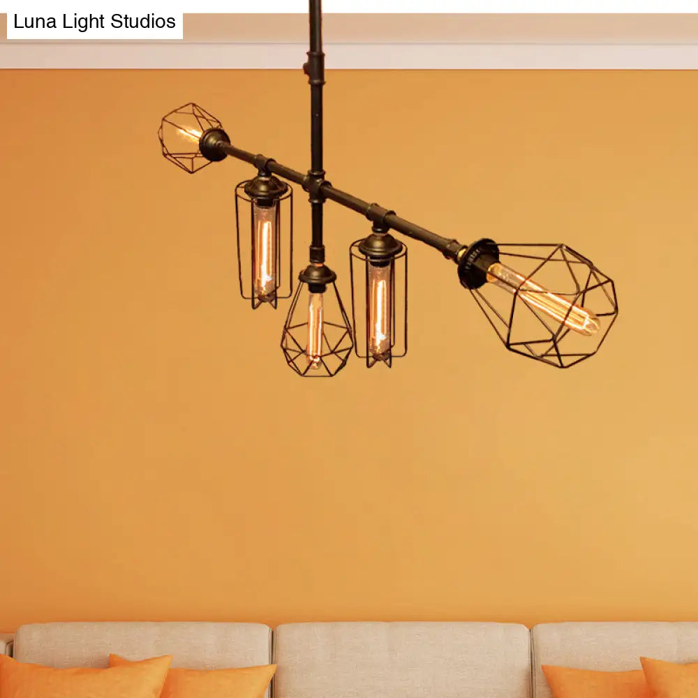 Rustic Metallic Pipe Chandelier - Black Cage Shade 5 Lights Bedroom Ceiling Fixture