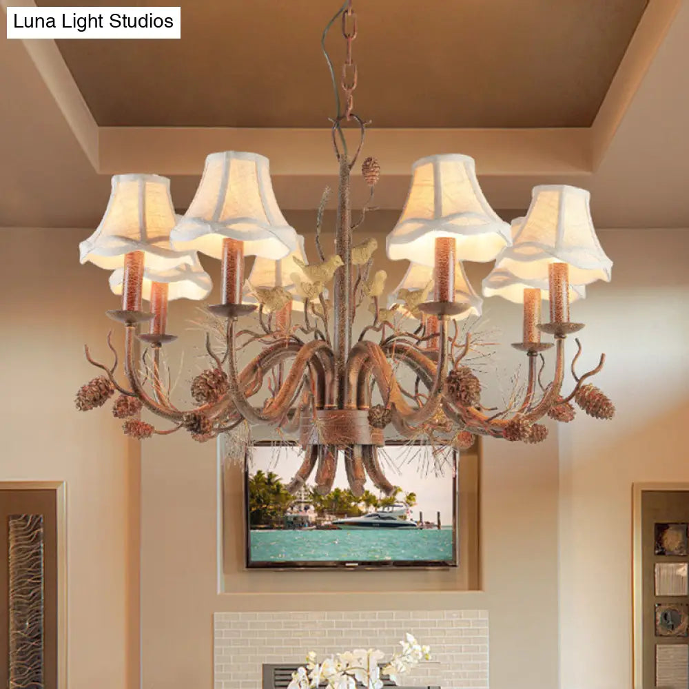 Rustic Metal Scalloped Pendant Chandelier - Brown 8 Lights With White Fabric Shade And Pinecone