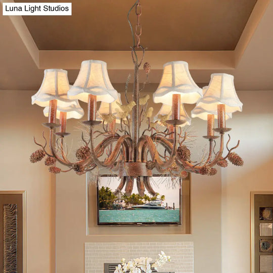 Rustic Metal Scalloped Pendant Chandelier - Brown 8 Lights With White Fabric Shade And Pinecone