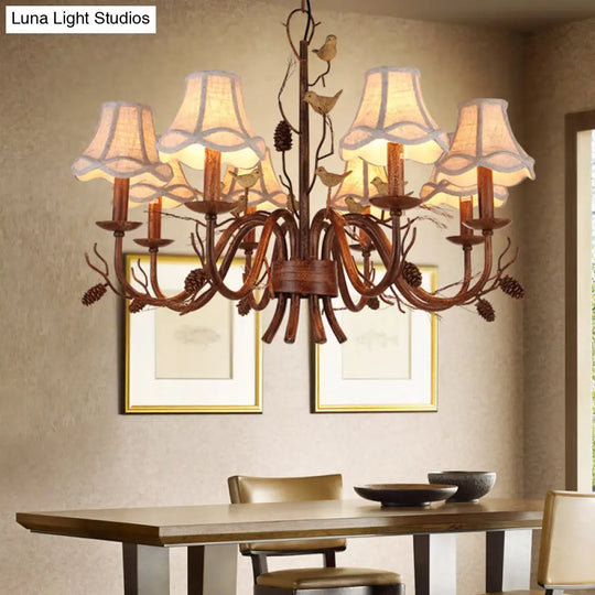 Rustic Metal Scalloped Pendant Chandelier - Brown 8 Lights With White Fabric Shade And Pinecone