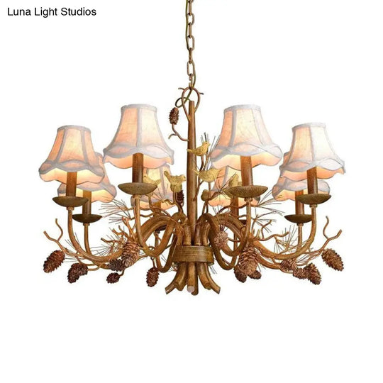 Rustic Metal Scalloped Pendant Chandelier - Brown 8 Lights With White Fabric Shade And Pinecone