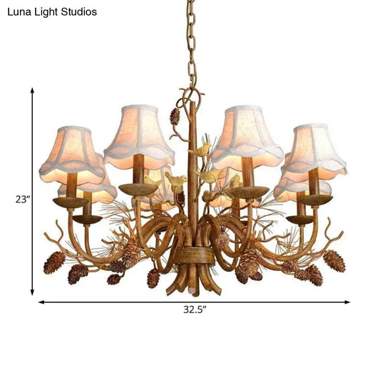 Rustic Metal Scalloped Pendant Chandelier - Brown 8 Lights With White Fabric Shade And Pinecone