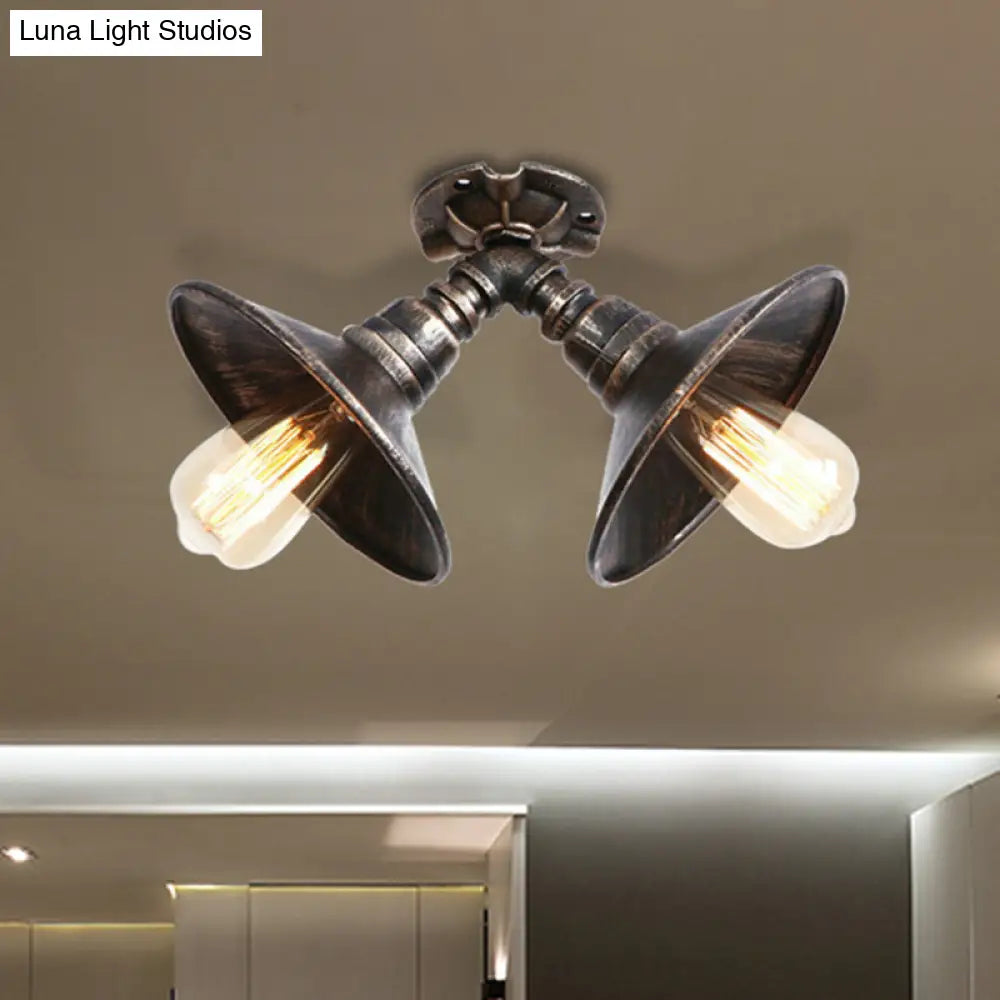 Rustic Metal Shade Pendant Light With Flare: 2-Bulb Ceiling Fixture In Aged Silver/Bronze Finish