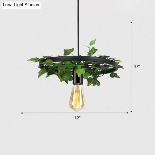 Rustic Metal Wagon Wheel Hanging Lamp With Ivy Decor For Restaurant Green Ceiling Light 1 /