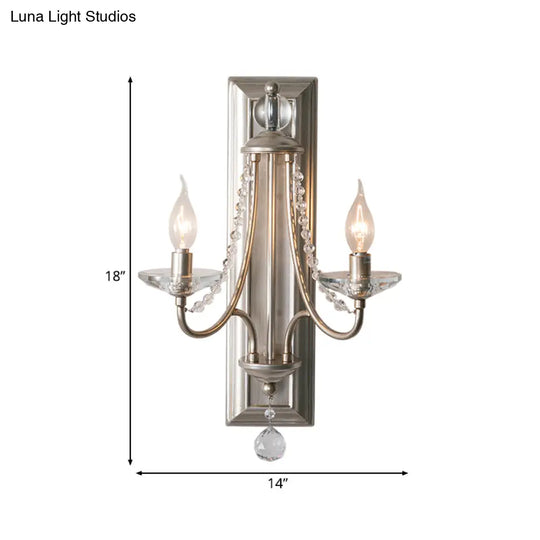 Rustic Metal Wall Sconce Lamp With Silver/Gold Finish Clear Crystal Drop And 2 Lights For Indoor