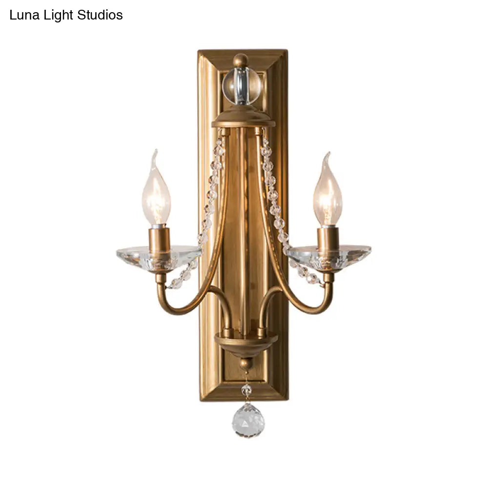 Rustic Metal Wall Sconce Lamp With Silver/Gold Finish Clear Crystal Drop And 2 Lights For Indoor