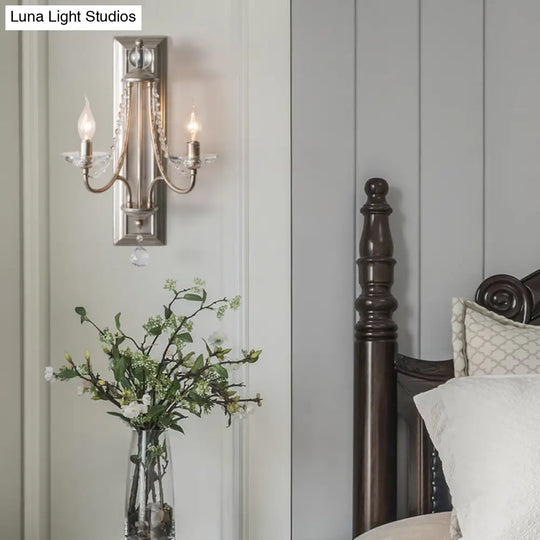 Rustic Metal Wall Sconce Lamp With Silver/Gold Finish Clear Crystal Drop And 2 Lights For Indoor