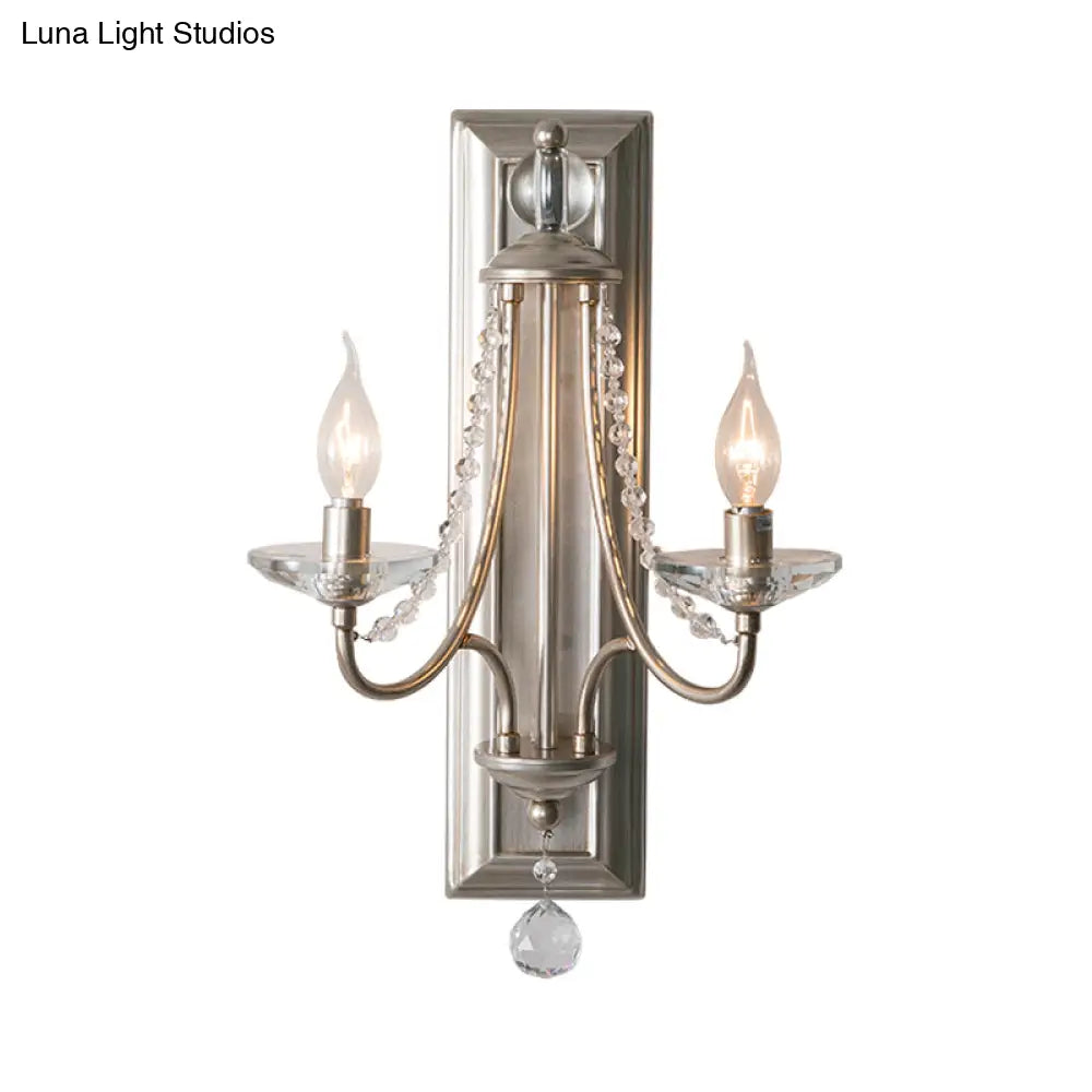 Rustic Metal Wall Sconce Lamp With Silver/Gold Finish Clear Crystal Drop And 2 Lights For Indoor