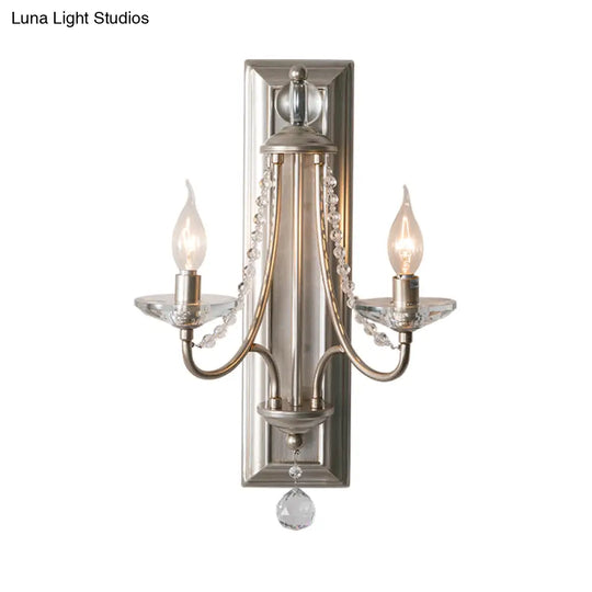 Rustic Metal Wall Sconce Lamp With Silver/Gold Finish Clear Crystal Drop And 2 Lights For Indoor