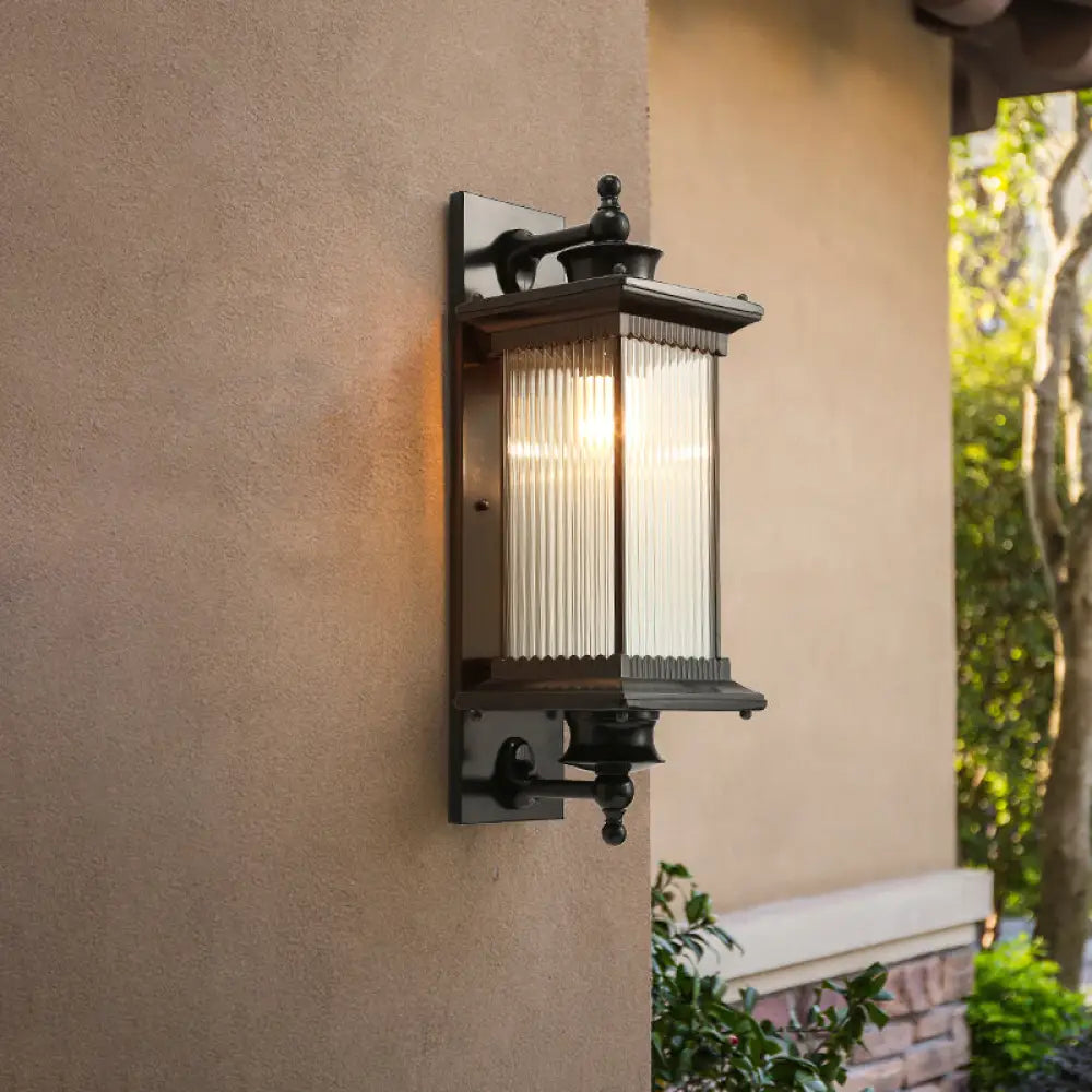 Rustic Metal Wall Sconce Light - Rectangular Outdoor 1-Light Black Finish / 8