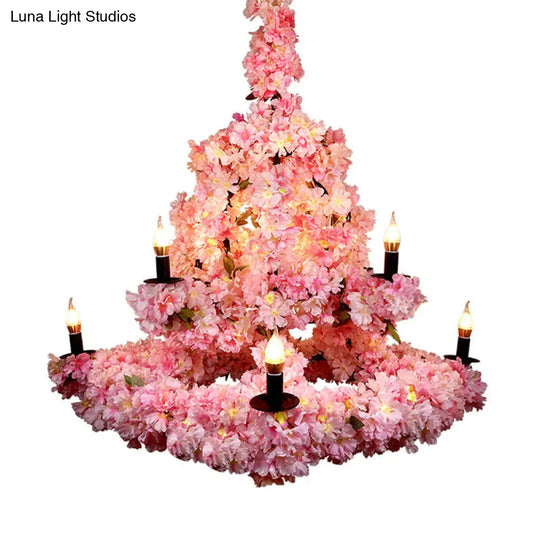 Rustic Candlestick Chandelier With 9 Bulbs Pink Cherry Blossom Decor